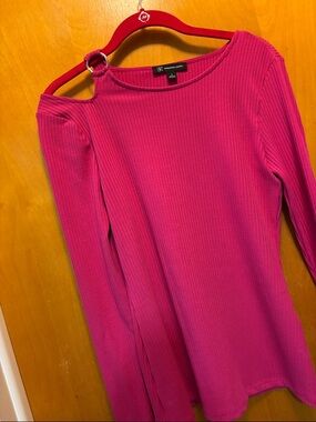 Express Fuchsia Ribbed One-Shoulder Ring-Detail Long Sleeve Top